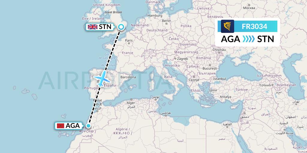 FR3034 Ryanair Flight Map: Agadir to London