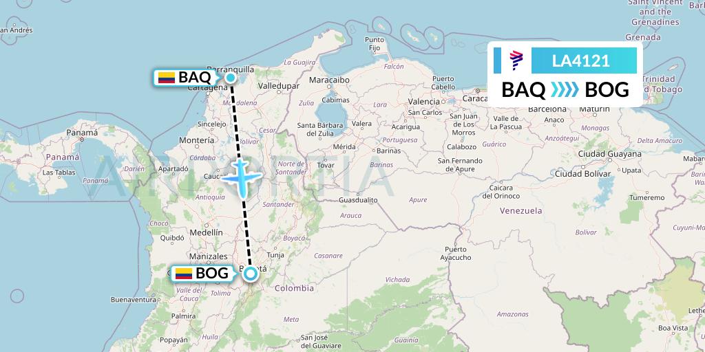 LA4121 LAN Airlines Flight Map: Barranquilla to Bogota