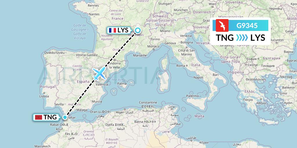 G9345 Air Arabia Flight Map: Tangier to Lyon
