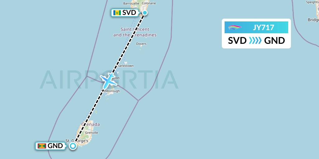 JY717 InterCaribbean Airways Flight Map: Kingstown to Point Salines