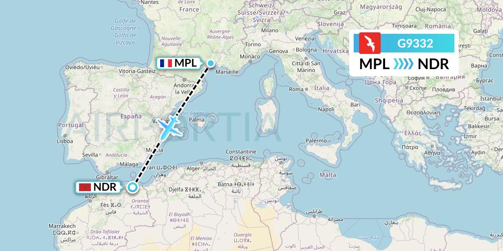 G9332 Air Arabia Flight Map: Montpellier to Nador