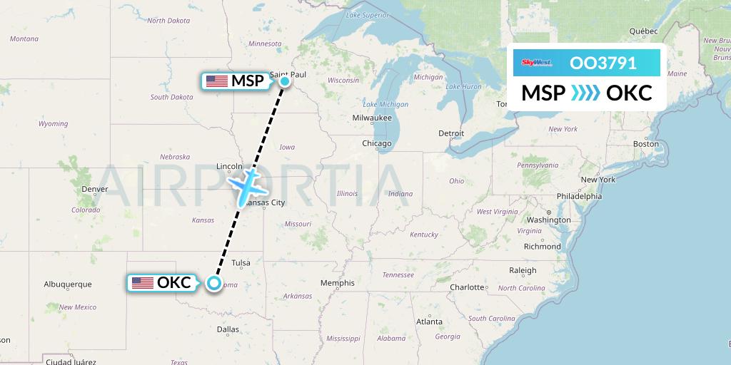 OO3791 SkyWest Airlines Flight Map: Minneapolis to Oklahoma City