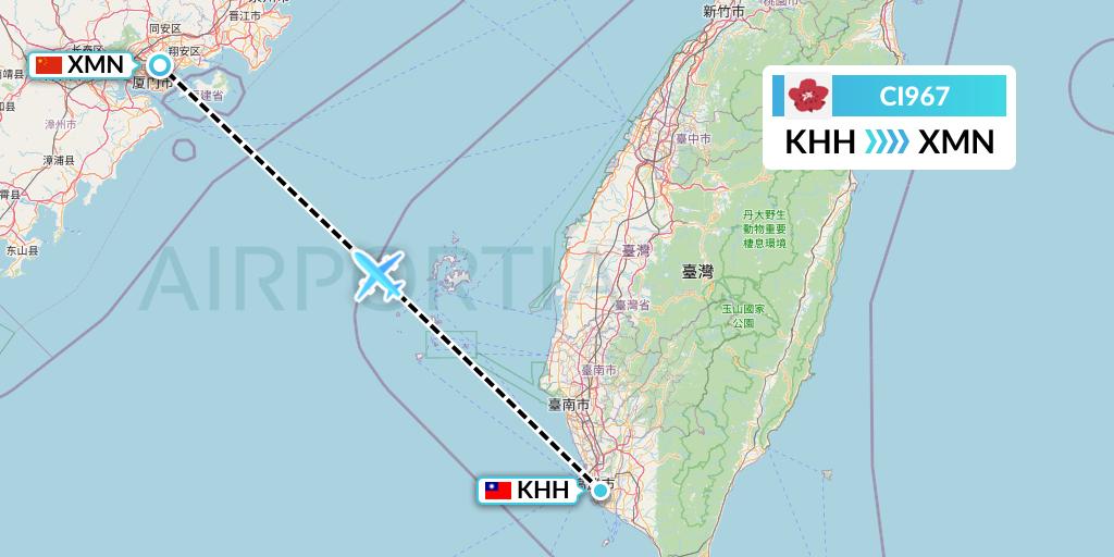 CI967 China Airlines Flight Map: Kaohsiung to Xiamen