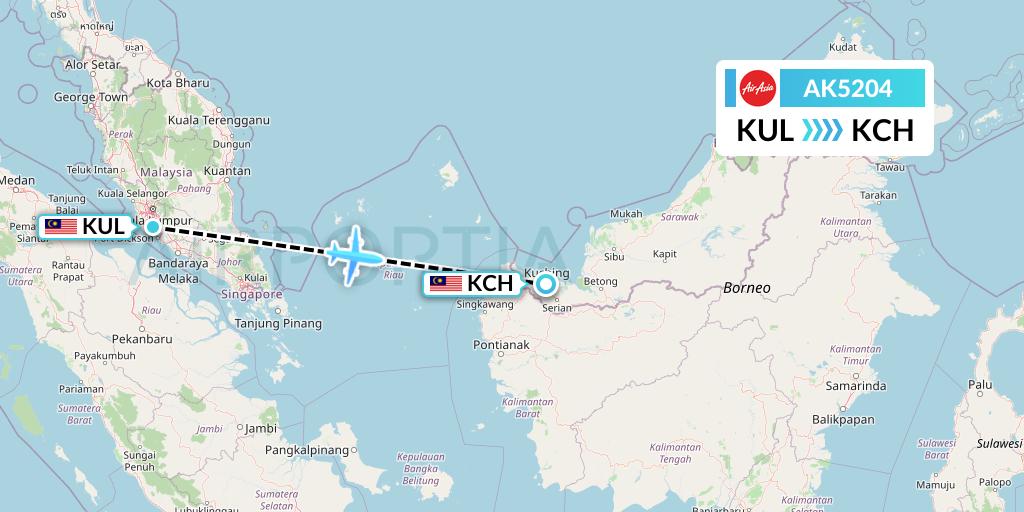 AK5204 AirAsia Flight Map: Kuala Lumpur to Kuching