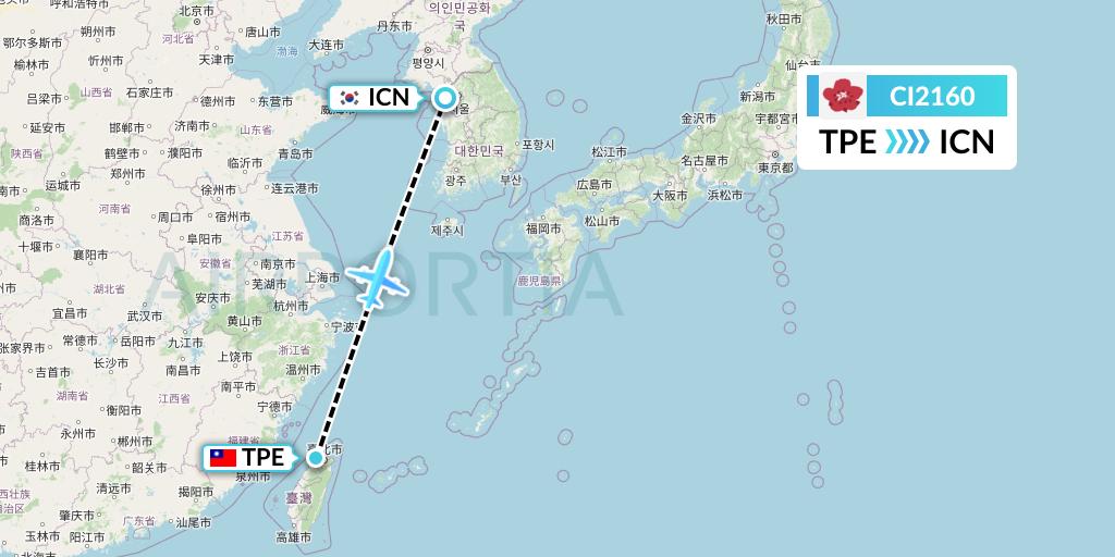 CI2160 China Airlines Flight Map: Taipei to Seoul