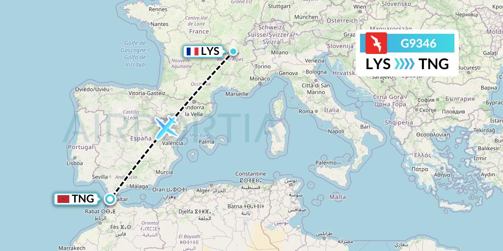 G9346 Air Arabia Flight Map: Lyon to Tangier