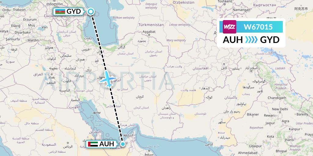 W67015 Wizz Air Flight Map: Abu Dhabi to Baku