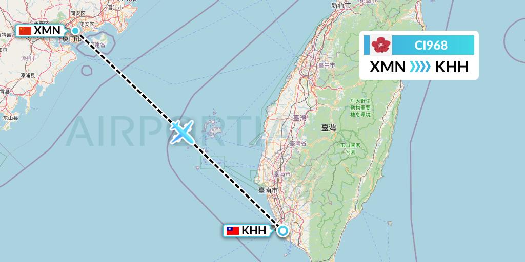 CI968 China Airlines Flight Map: Xiamen to Kaohsiung
