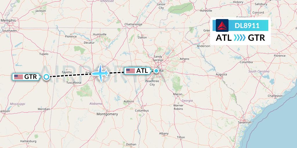DL8911 Delta Air Lines Flight Map: Atlanta to Golden Triangle