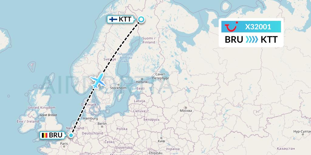 X32001 TUI fly Germany Flight Map: Brussels to Kittila