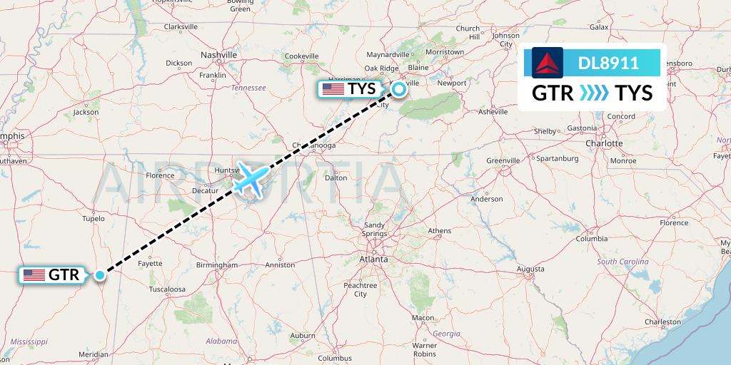DL8911 Delta Air Lines Flight Map: Golden Triangle to Knoxville