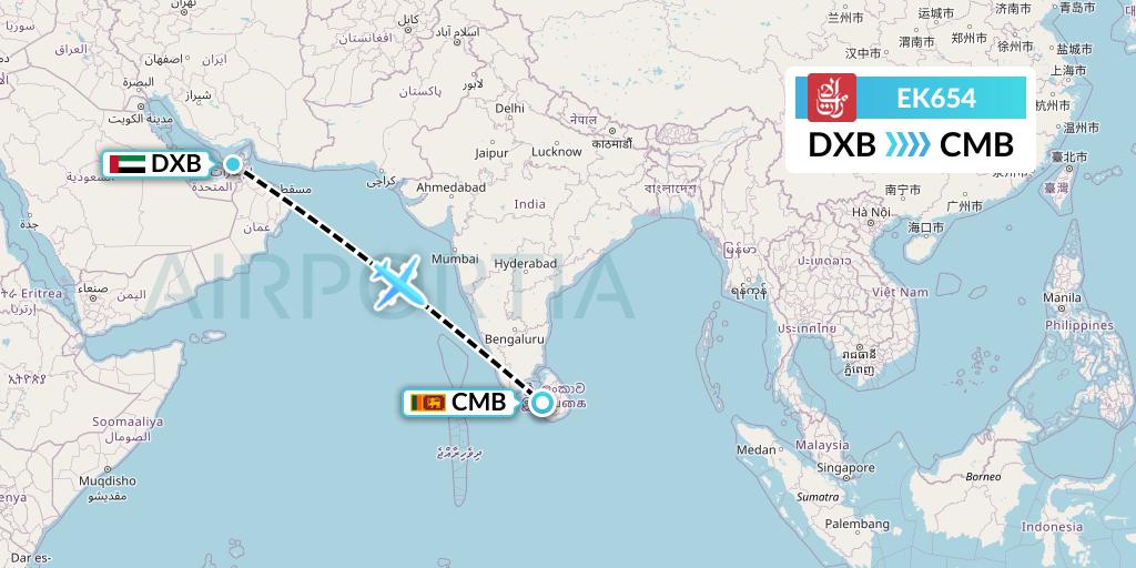 EK654 Emirates Flight Map: Dubai to Colombo
