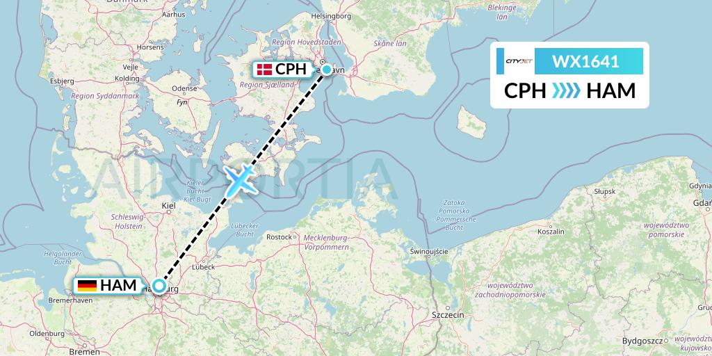 WX1641 Cityjet Flight Map: Copenhagen to Hamburg