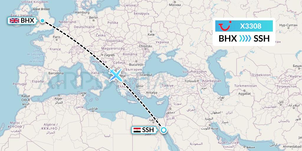X3308 TUI fly Germany Flight Map: Birmingham to Sharm el-Sheikh