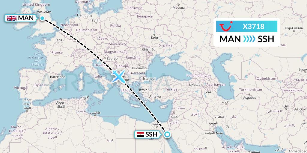 X3718 TUI fly Germany Flight Map: Manchester to Sharm el-Sheikh