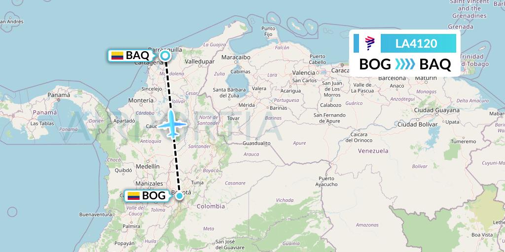 LA4120 LAN Airlines Flight Map: Bogota to Barranquilla
