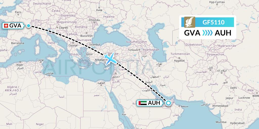 GF5110 Gulf Air Flight Map: Geneva to Abu Dhabi