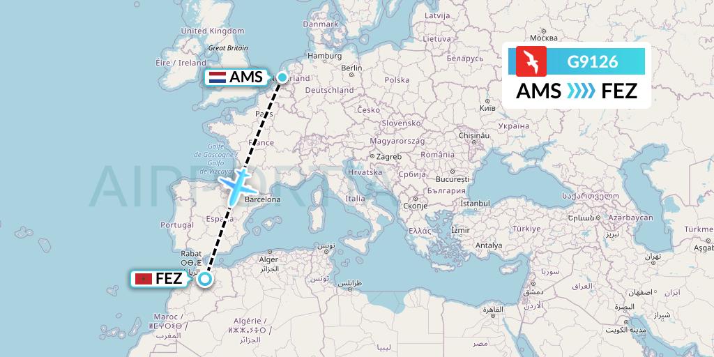 G9126 Air Arabia Flight Map: Amsterdam to Fes