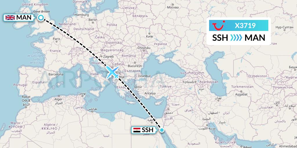 X3719 TUI fly Germany Flight Map: Sharm el-Sheikh to Manchester