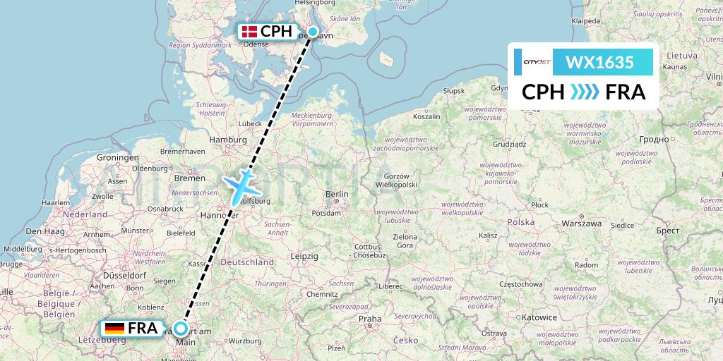 WX1635 Cityjet Flight Map: Copenhagen to Frankfurt