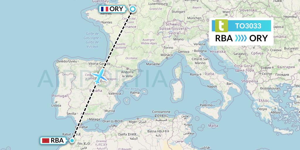 TO3033 Transavia France Flight Map: Rabat to Paris