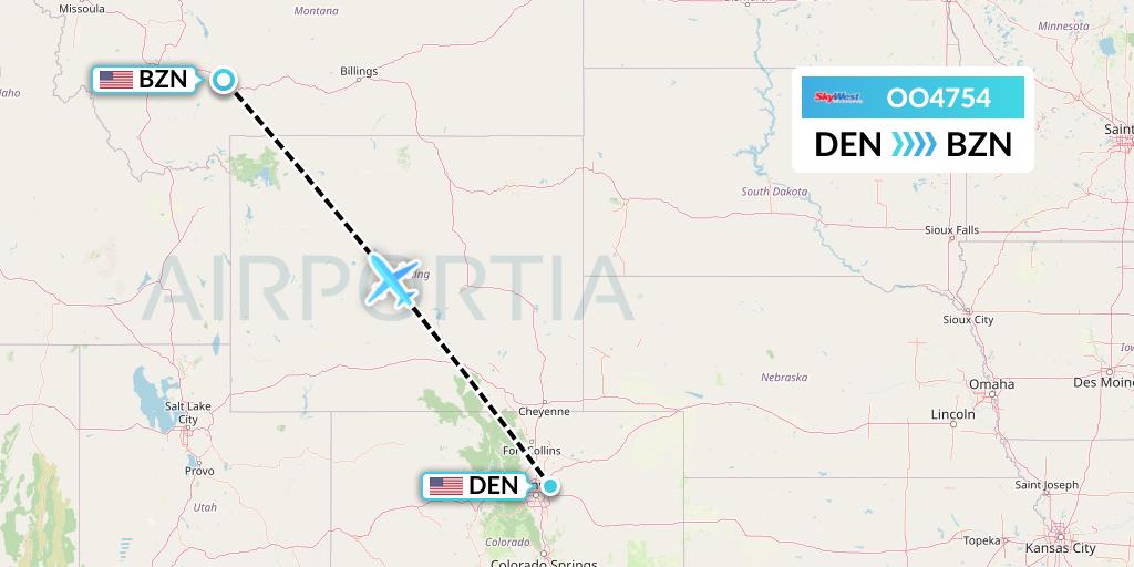 OO4754 SkyWest Airlines Flight Map: Denver to Bozeman