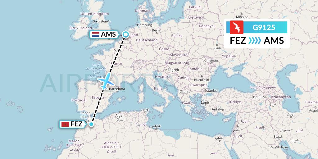 G9125 Air Arabia Flight Map: Fes to Amsterdam
