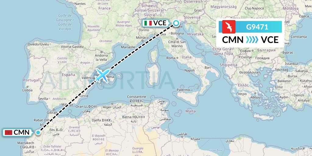 G9471 Air Arabia Flight Map: Casablanca to Venice