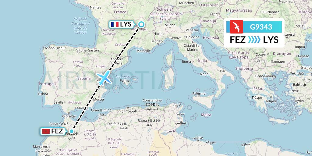 G9343 Air Arabia Flight Map: Fes to Lyon