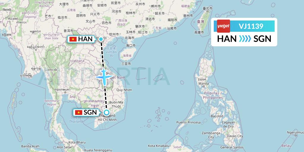 VJ1139 VietJet Air Flight Map: Hanoi to Ho Chi Minh City