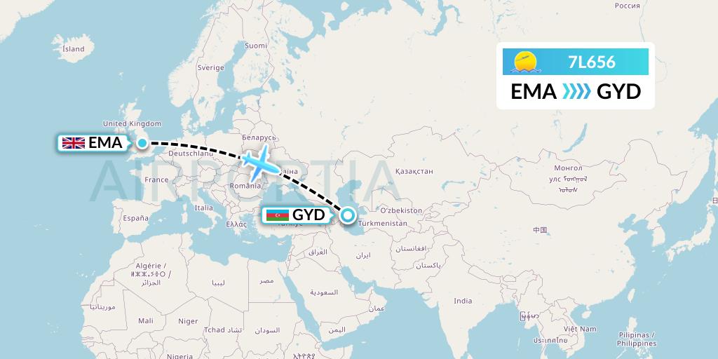 7L656 Silk Way West Airlines Flight Map: East Midlands to Baku