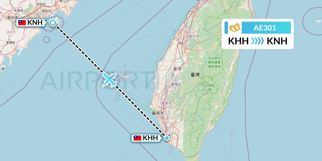 AE301 Mandarin Airlines Flight Map: Kaohsiung to Kinmen