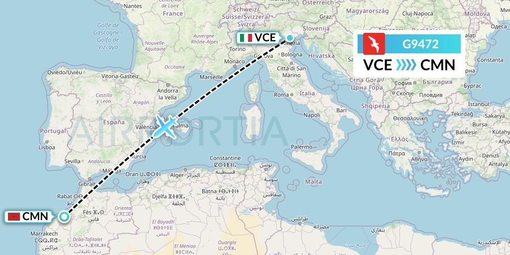 G9472 Air Arabia Flight Map: Venice to Casablanca