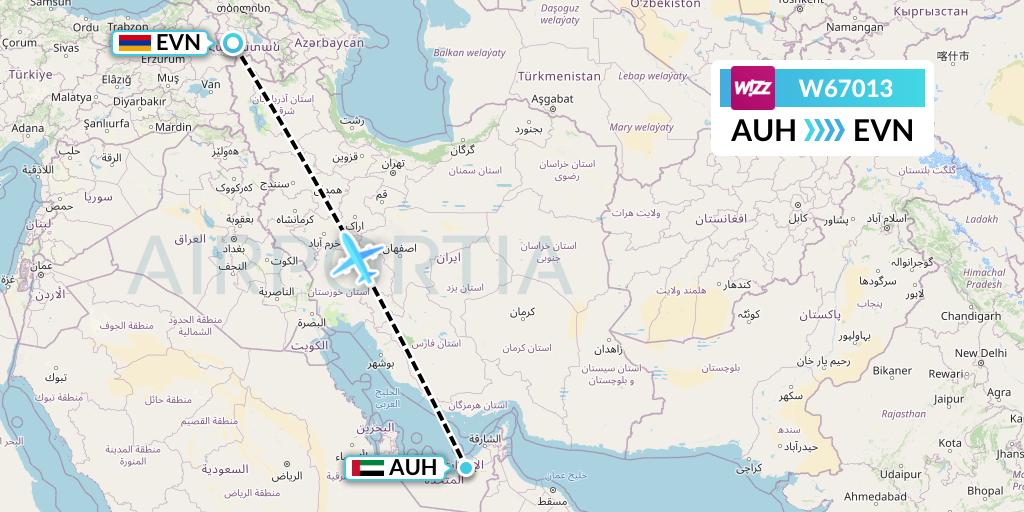 W67013 Wizz Air Flight Map: Abu Dhabi to Yerevan