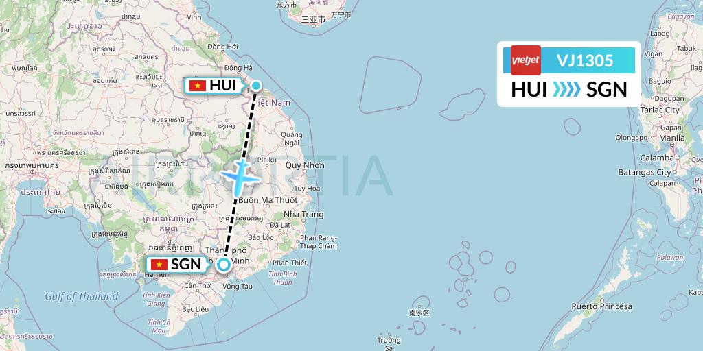 VJ1305 VietJet Air Flight Map: Hue to Ho Chi Minh City