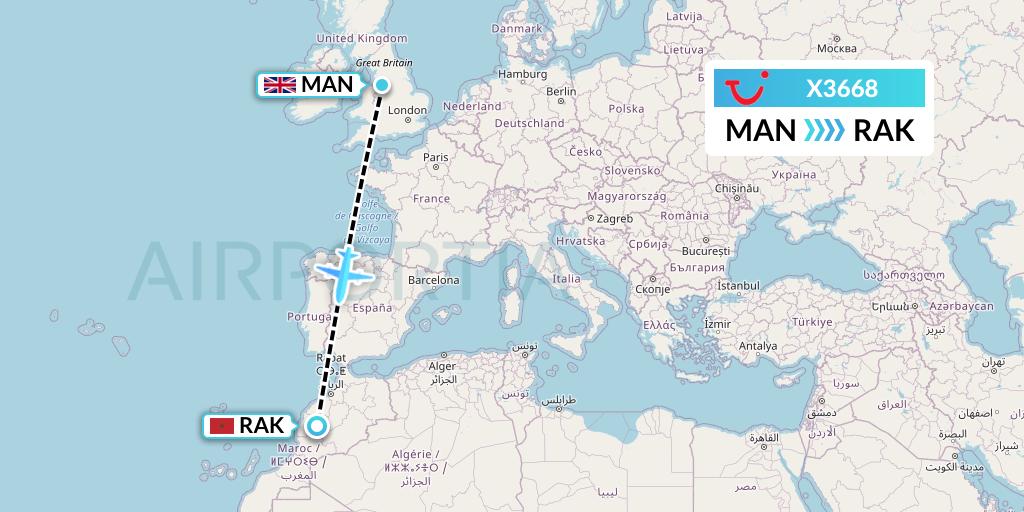 X3668 TUI fly Germany Flight Map: Manchester to Marrakesh 