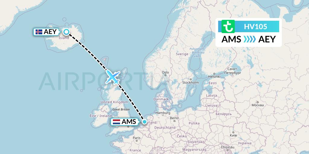HV105 Transavia Flight Map: Amsterdam to Akureyri