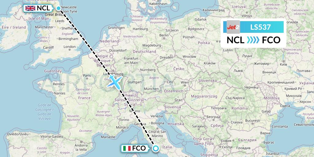 LS537 Jet2 Flight Map: Newcastle to Rome