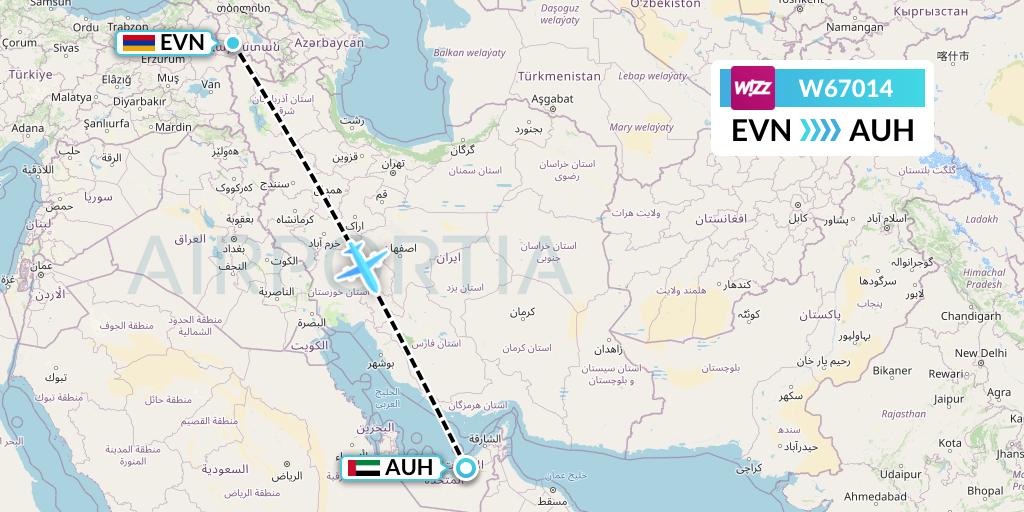 W67014 Wizz Air Flight Map: Yerevan to Abu Dhabi