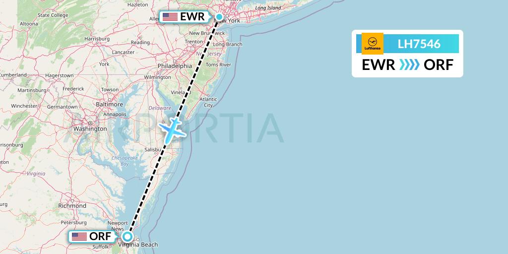 LH7546 Lufthansa Flight Map: New York to Norfolk