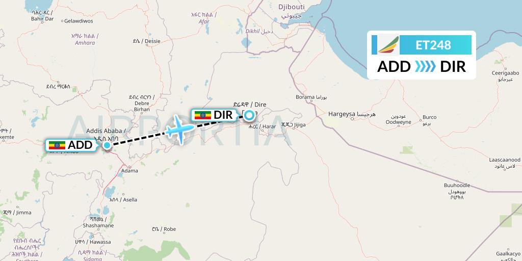 ET248 Ethiopian Airlines Flight Map: Addis Ababa to Dire Dawa