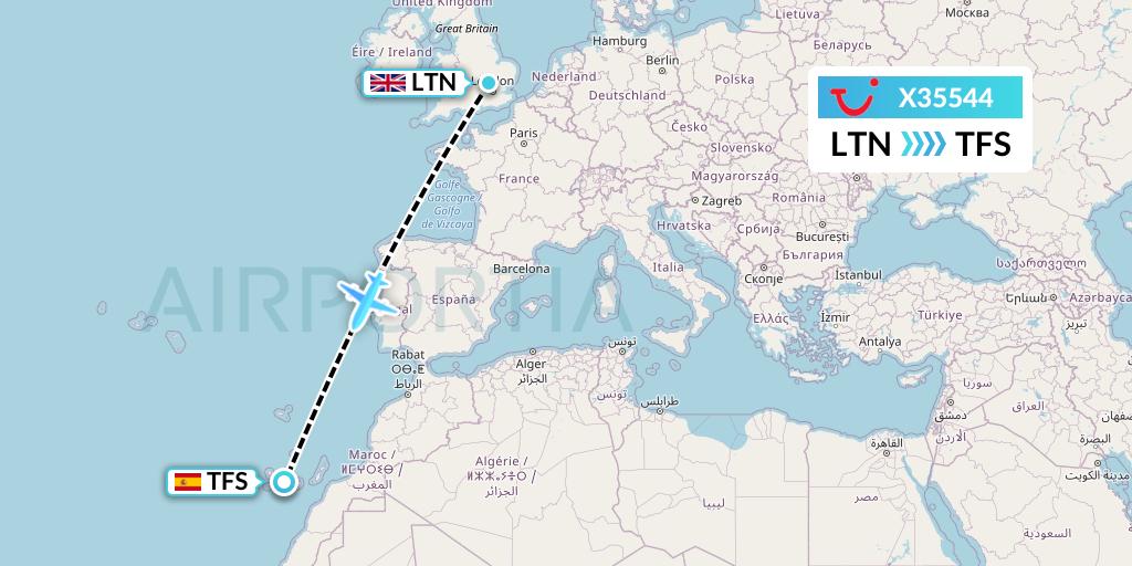 X35544 TUI fly Germany Flight Map: London to Tenerife