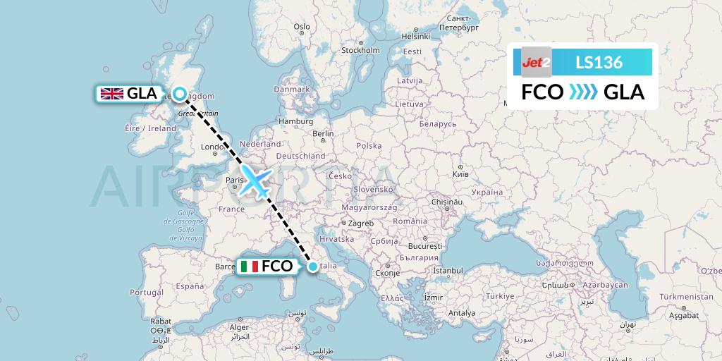 LS136 Jet2 Flight Map: Rome to Glasgow