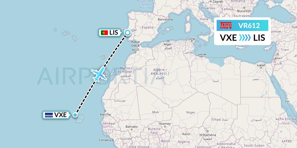 VR612 TACV Cape Verde Airlines Flight Map: Sao Vicente to Lisbon
