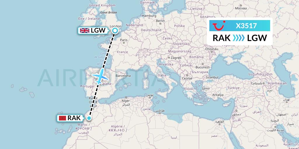 X3517 TUI fly Germany Flight Map: Marrakesh to London