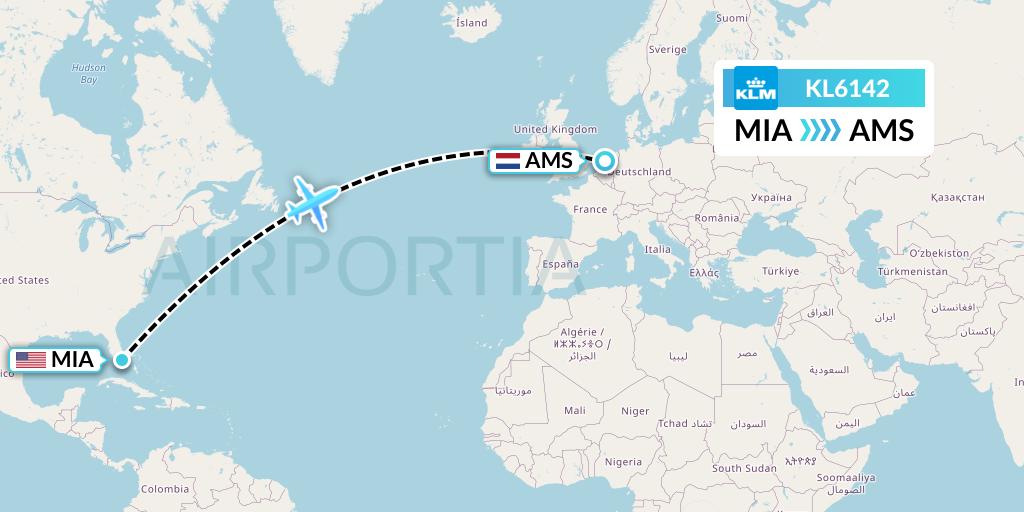 KL6142 KLM Flight Map: Miami to Amsterdam