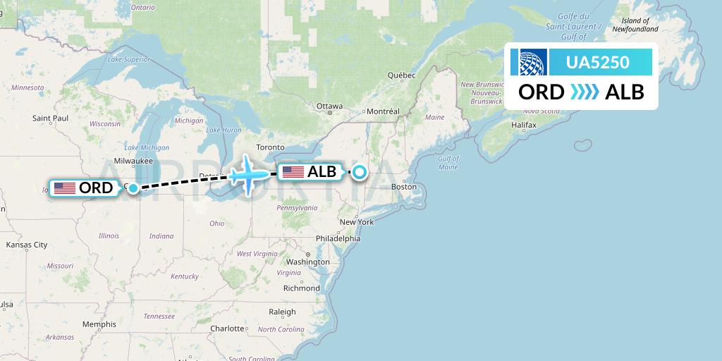 UA5250 United Airlines Flight Map: Chicago to Albany