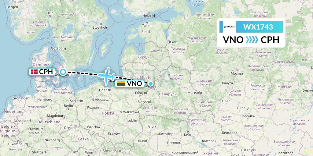 WX1743 Cityjet Flight Map: Vilnius to Copenhagen