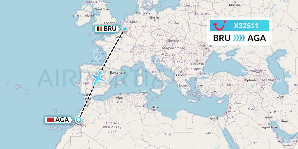 X32511 TUI fly Germany Flight Map: Brussels to Agadir
