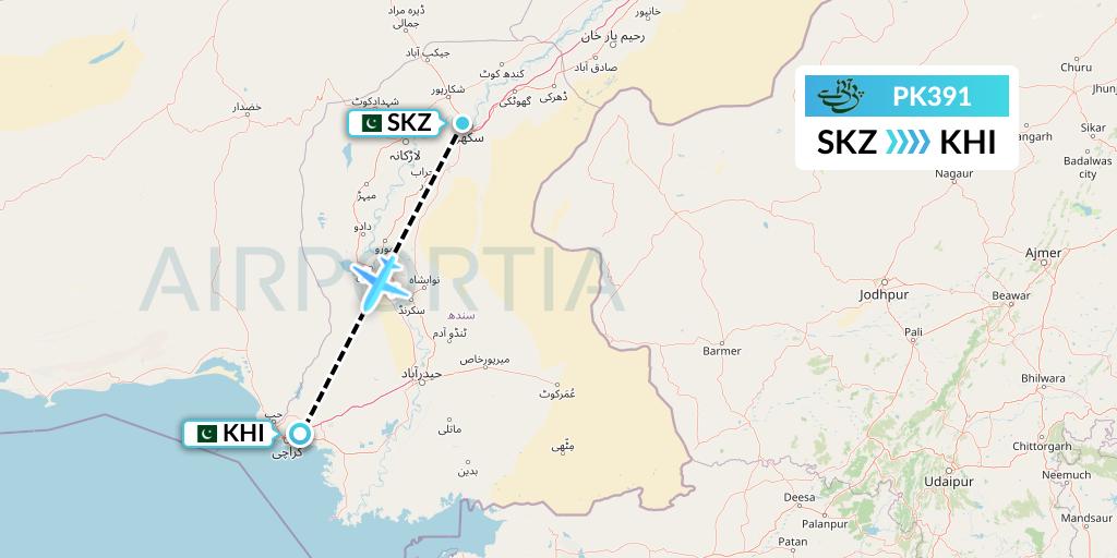 PK391 Pakistan International Airlines Flight Map: Sukkur to Karachi